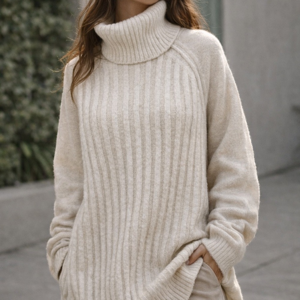 Free people chunky ribbed Turtleneck Sweater size xs oversized cream knit